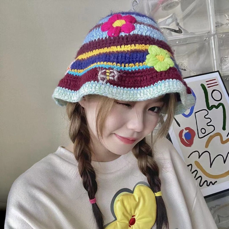 Design Retro Hand-woven Color-block Flower Bucket Hat