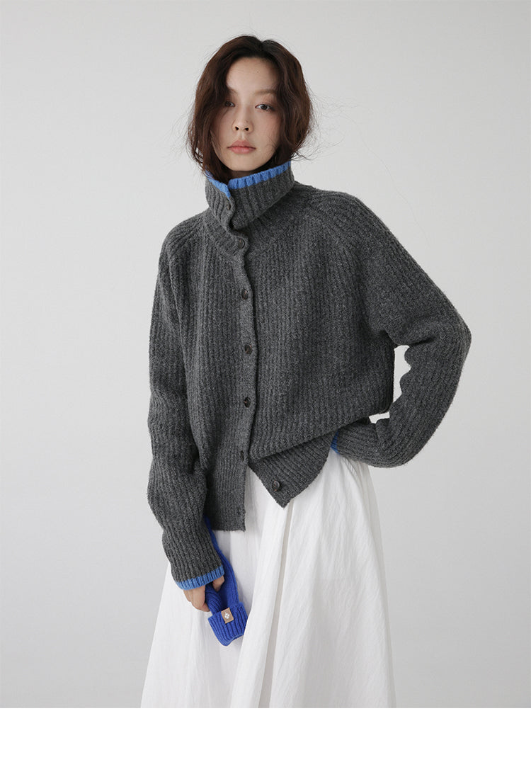 Color Blocking Collar Single Breasted Wool Knitted Cardigan Jacket