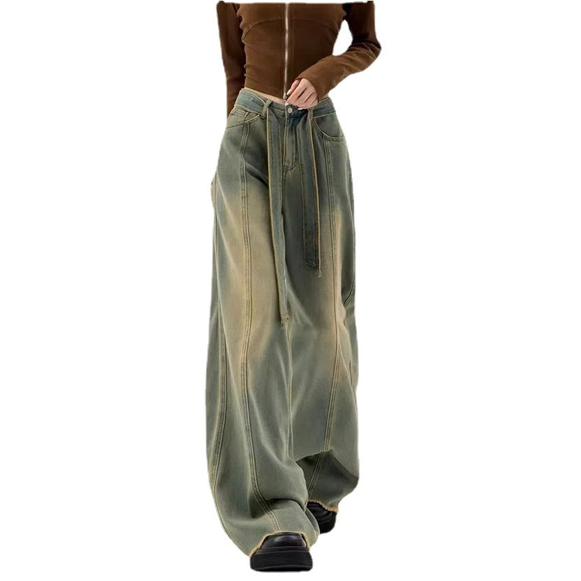 Retro Blue Jeans Women's Straight Loose Wide Leg Pants Dark Wide Foot Mopping