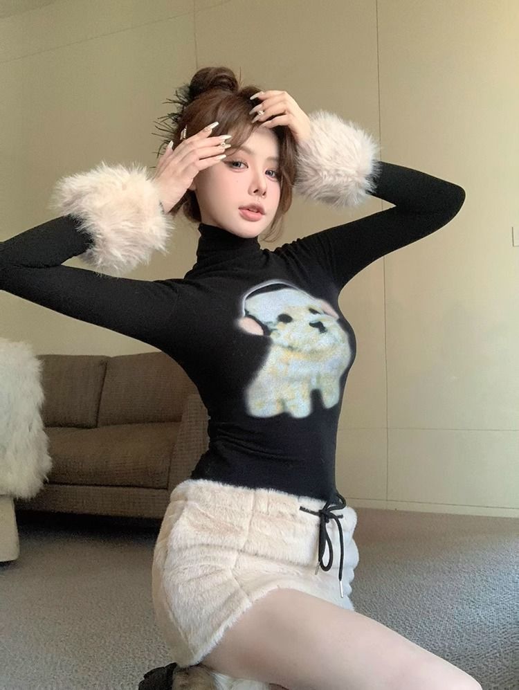Sexy Alluring Miniature Dog-Print Turtleneck Long-Sleeve T-Shirt For Women