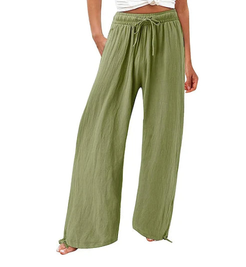 Women'S Cotton & Linen Solid Color Wide Leg Casual Pants With Pockets