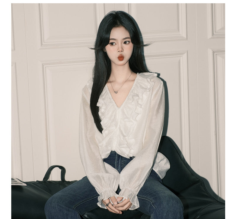 Ruffled V-neck Shirt Female White