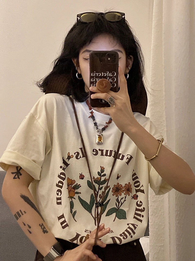 Women's Plus Size Half Sleeve Vintage Printed T-shirt