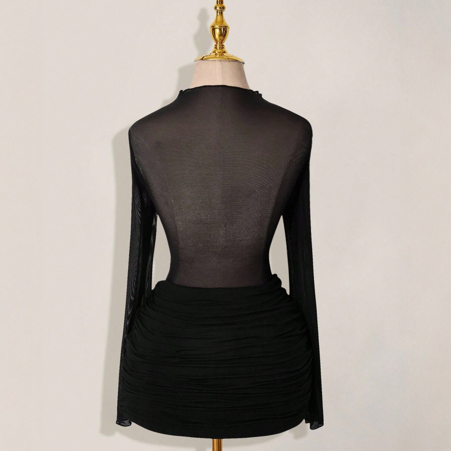 Solid-color Slim-fit Sexy Mesh Sheer Round-neck Sheath Dress For Women