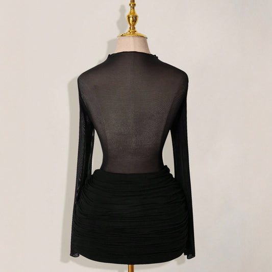 Solid-color Slim-fit Sexy Mesh Sheer Round-neck Sheath Dress For Women