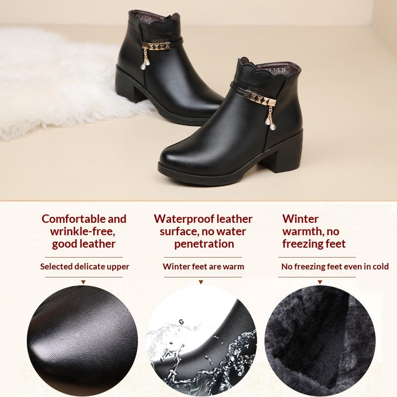 Middle-aged And Elderly Mid-age Warm Short Boots Anti-slip Leather Shoes