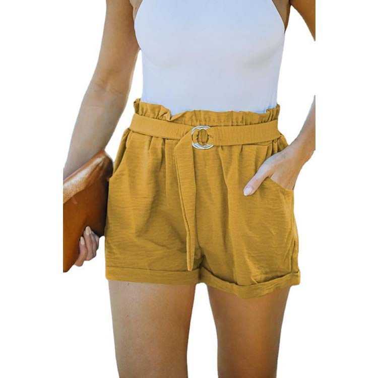 Lace-up Pocket Solid Color High-waist Casual Shorts Women