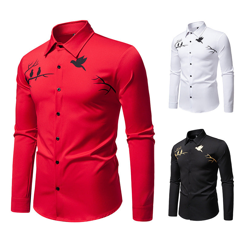 Men's Printed Casual Slim-fit Long-sleeved Shirt