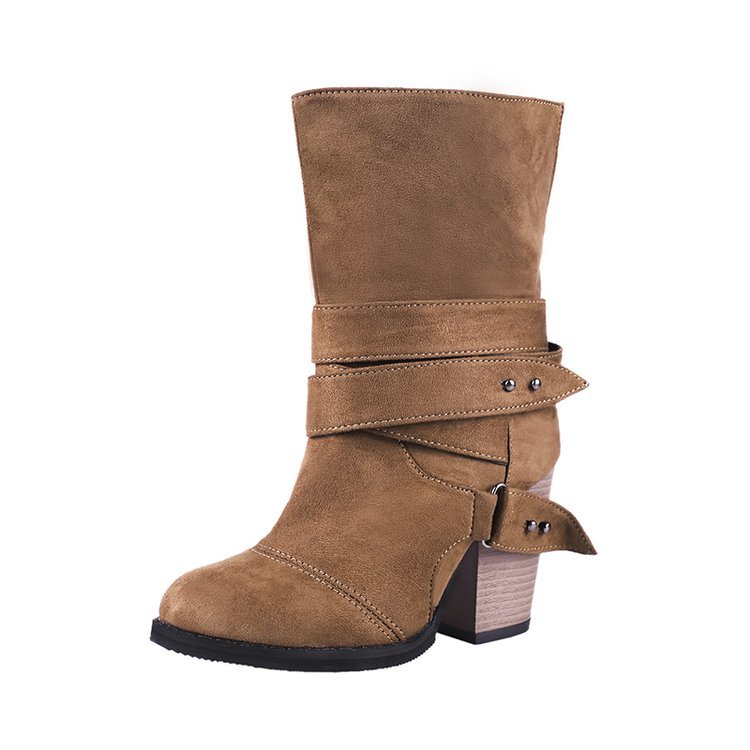 Large Size Thick Heel Belt Buckle Middle Tube Women's Boots