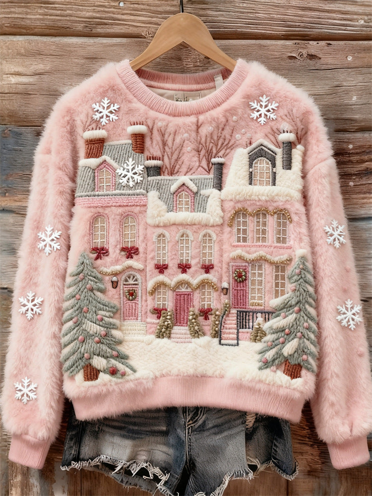Womens 3D DigitalPrint Flannel Crewneck Sweatshirt For FallWinter