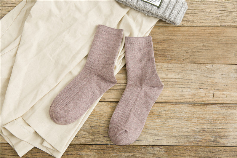 Japanese Retro Solid Color Double Needle Women's Mid-tube Cotton Socks