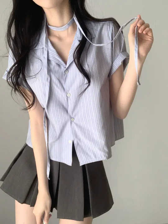 Short-sleeved Shirt Loose Women's Short Striped Shirt