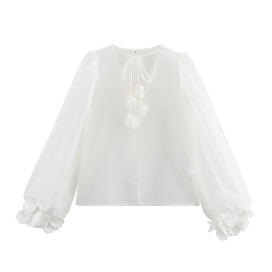 V-neck Puff Sleeve Three-dimensional Flower Decoration Sheer Top