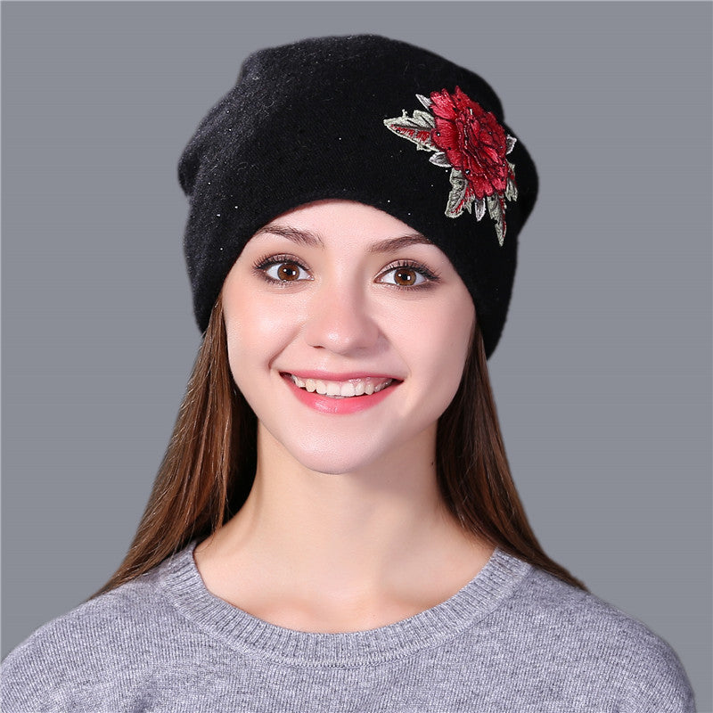 Big Fox Fur Ball Flower Embroidery Knitted Hat 15cm
