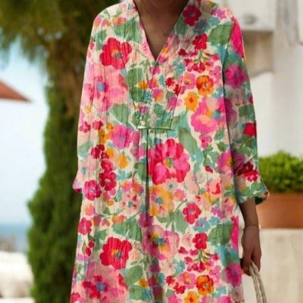 Womens Casual Long-Sleeve Shirt Dress With 3D Floral Print On The Sleeves