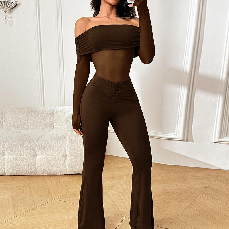 Women's Mesh-Panel Off-the-Shoulder Long-Sleeve Jumpsuit