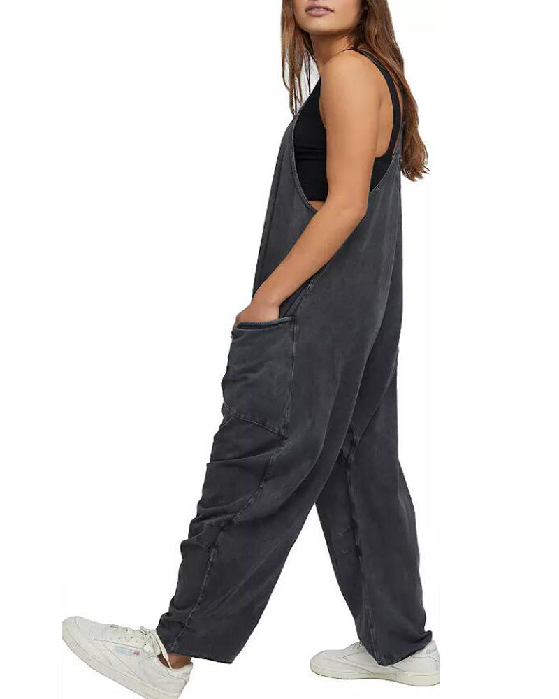 Zipper Pocket Suspender Jumpsuit