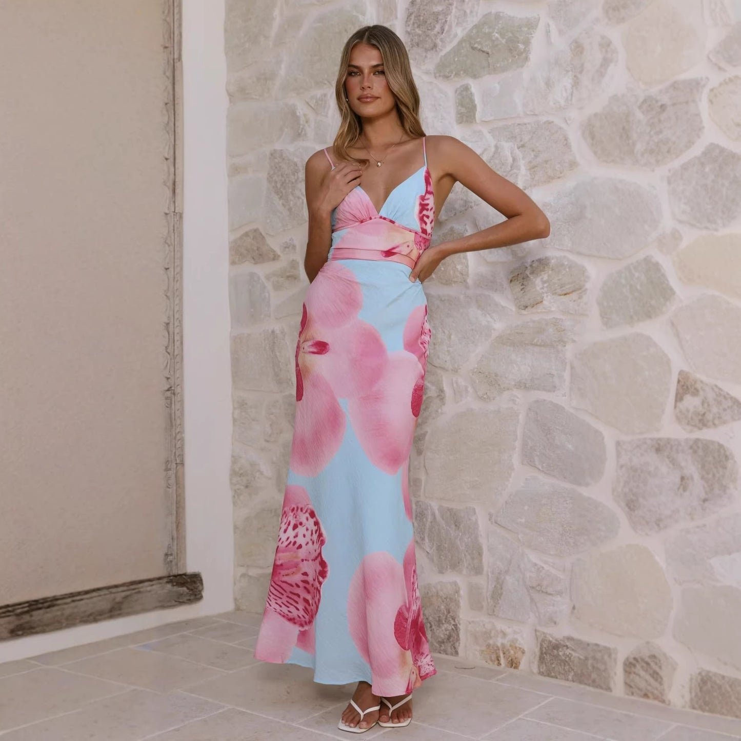 Printed Mid-Waist V-Neck Slip Dress For Women