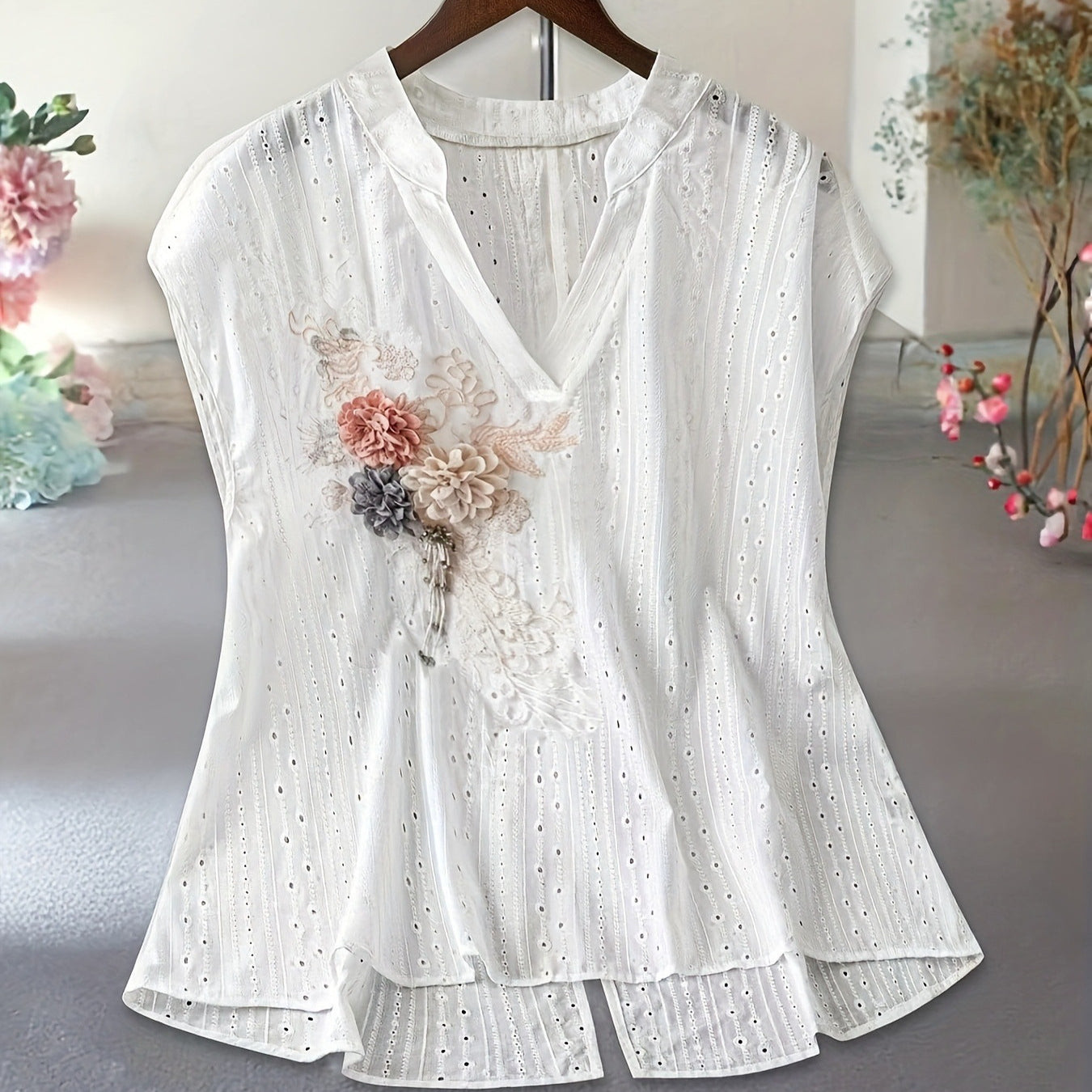 Elegant 3D Embroidered Floral V-Neck Top Shirt