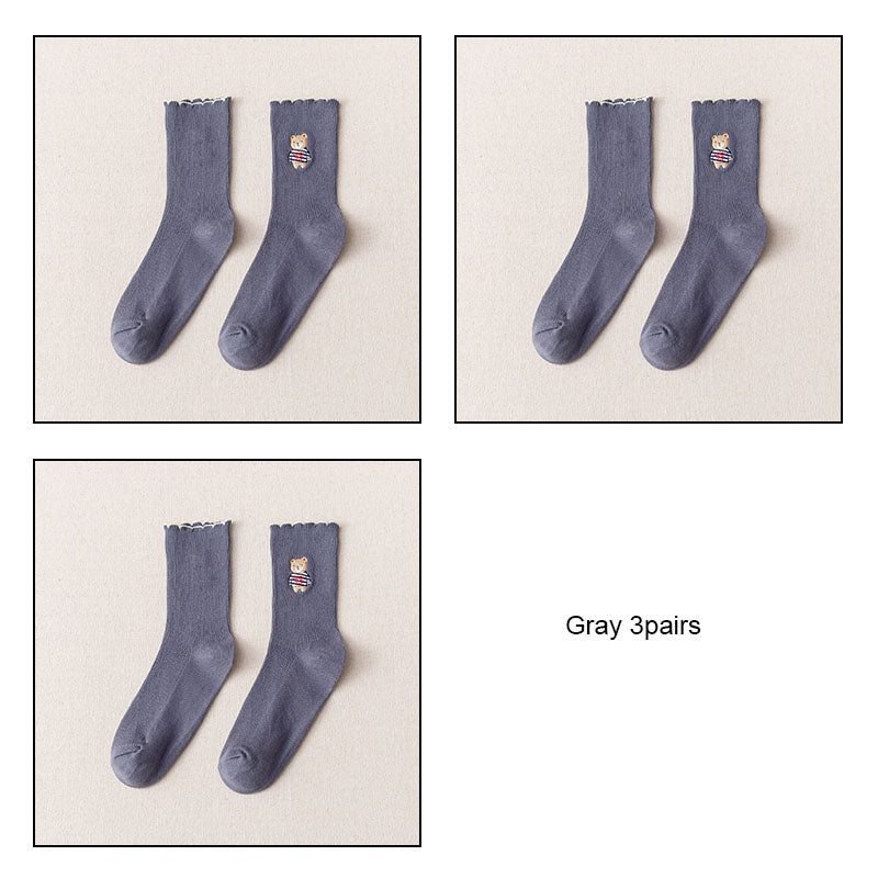 Women's Bear Embroidered Fungus Lace Mid Tube Socks
