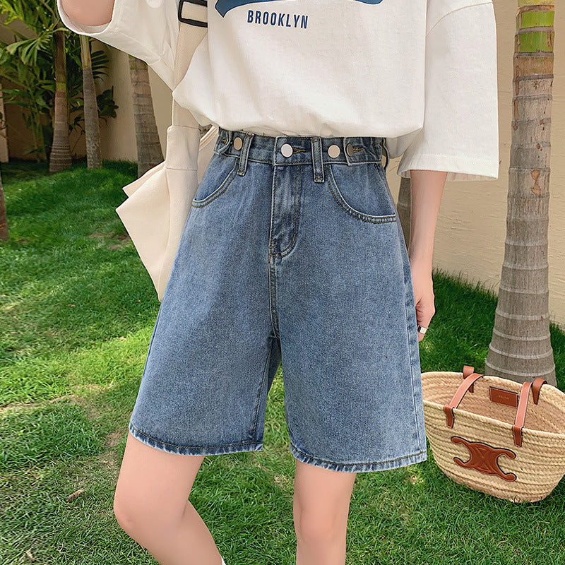 Dame High Waist Løse Denimshorts med Brede Ben