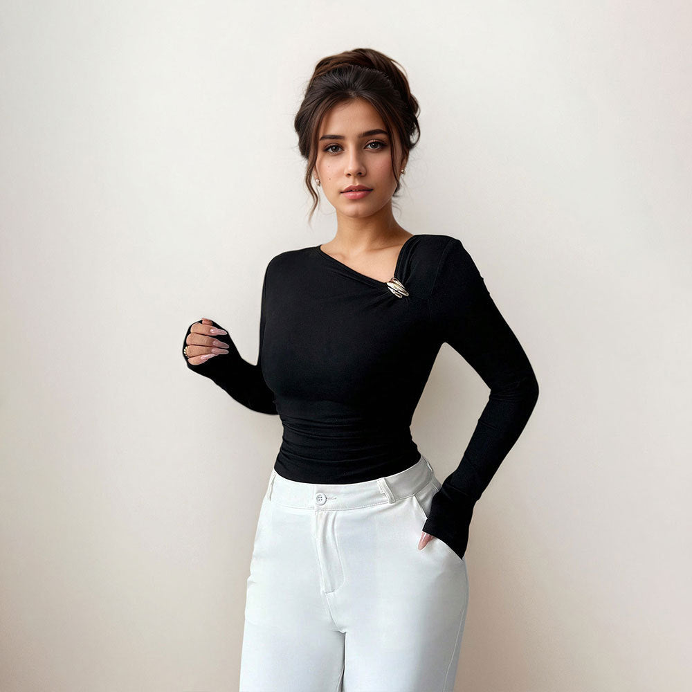 Oblique Collar Pleated Women's Stylish Slim New Slimming Spring And Autumn Base Shirt