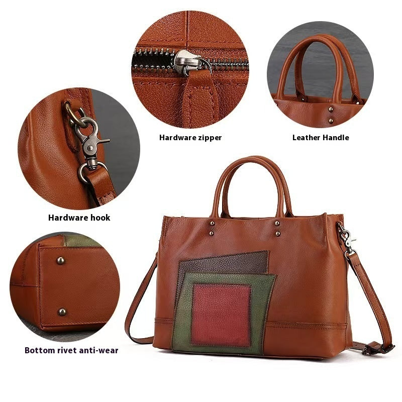 Skuldertaske med stor kapacitet i national stil, trendy patchwork og litterært look til kvinder