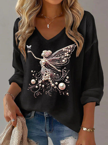 Womens Printed Loose V-Neck Top