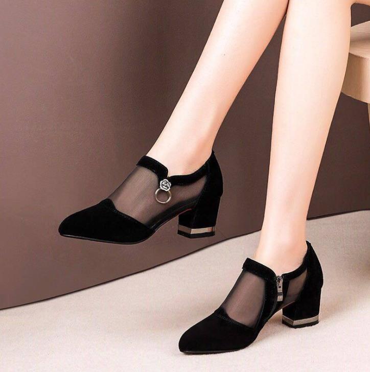 Mesh pointed toe zipper high heel women's shoes