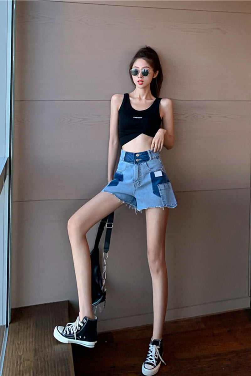 Reverse High Waist Raw Edge Contrast Loose Wide Leg Denim Shorts