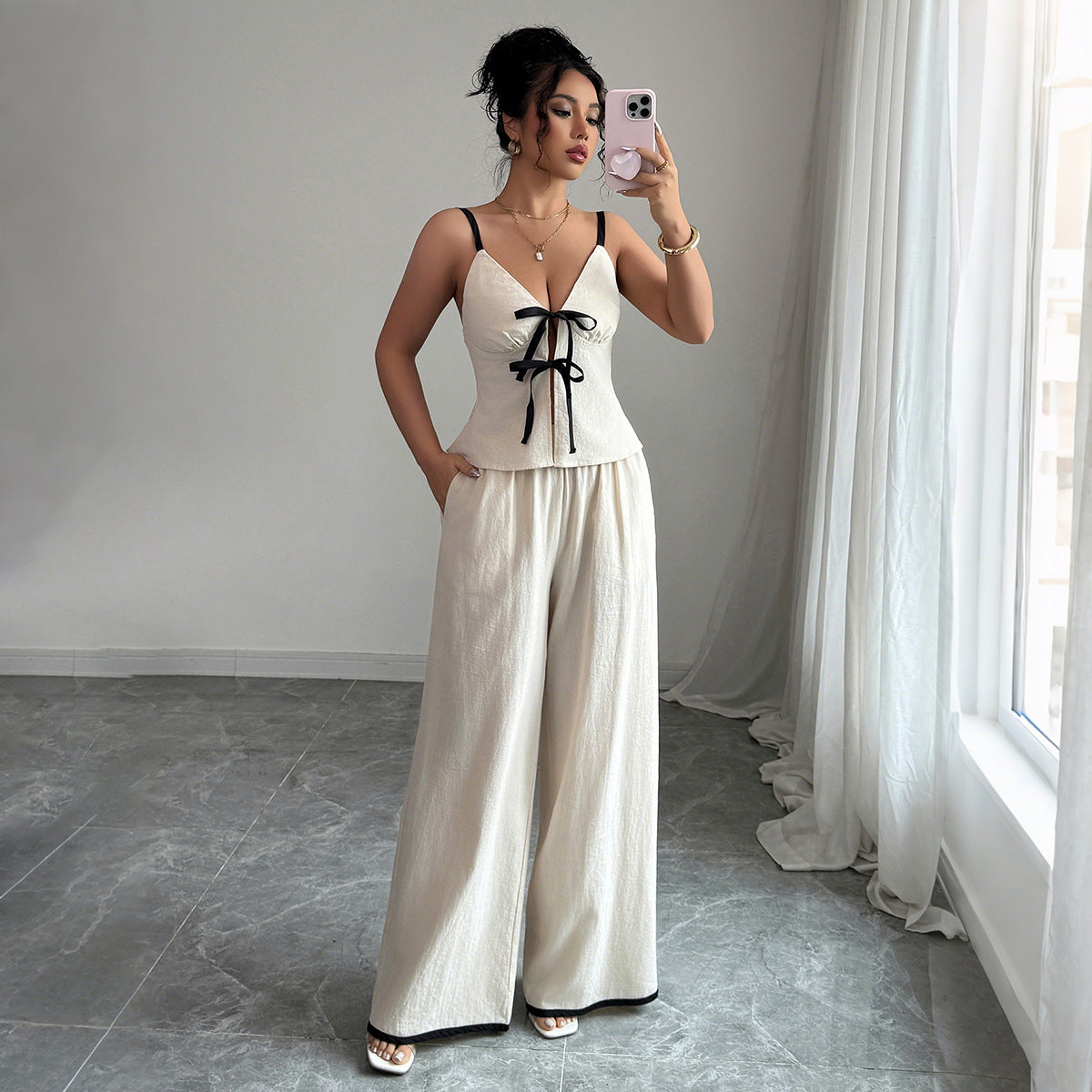 Elegant Strap Vest And Wide-Leg Pants Two-Piece Set