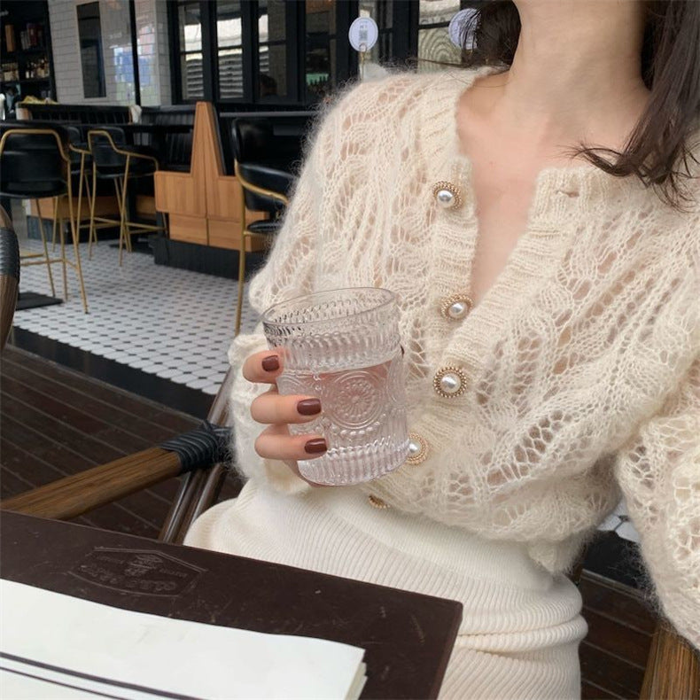 Women's French-style Mohair Hollow-out Thin Knitted Cardigan