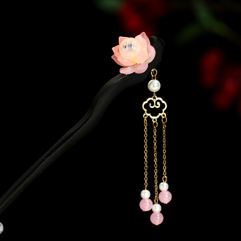 Chinese Luminous Lotus Tassel Hair Clasp Blackwood Niche Updo Hair Clasp Hanfu Hairpin
