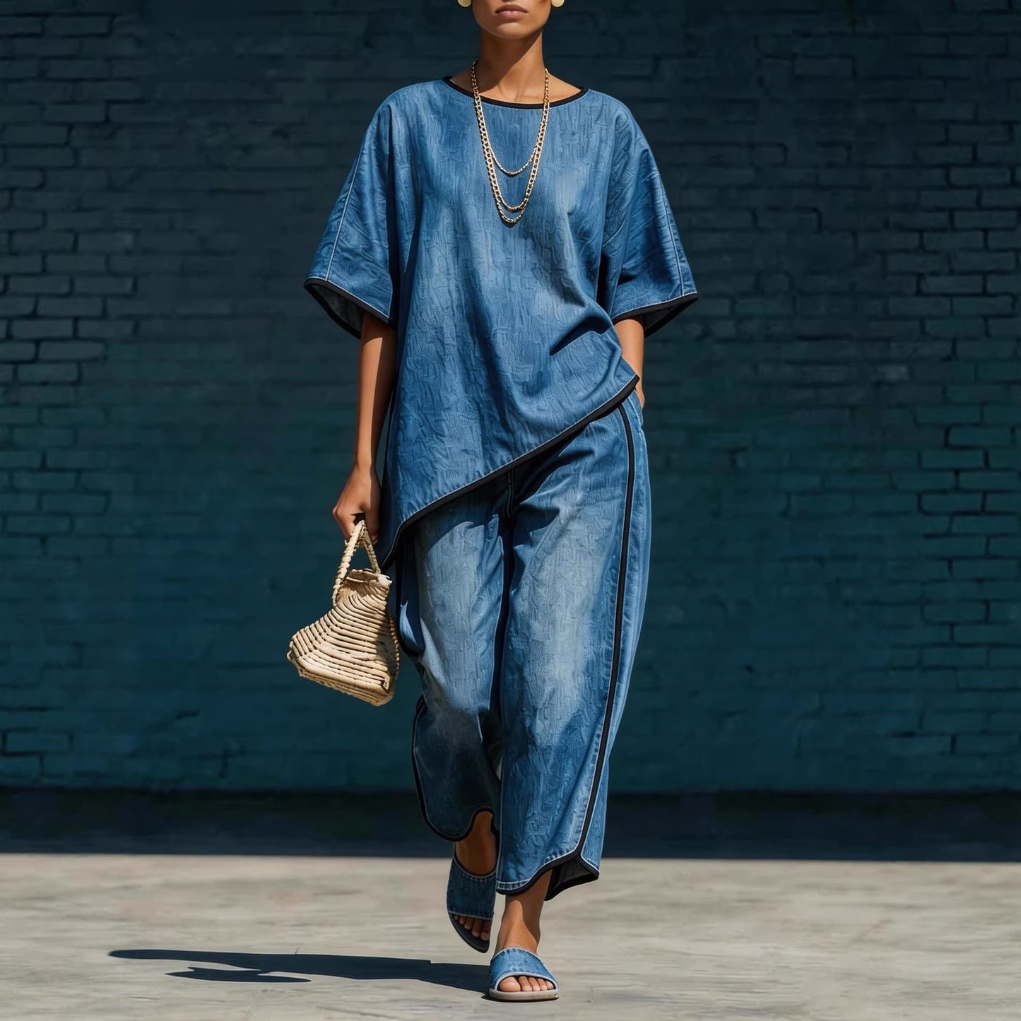 Elegant fritidssæt med vidde ben i denim-stil