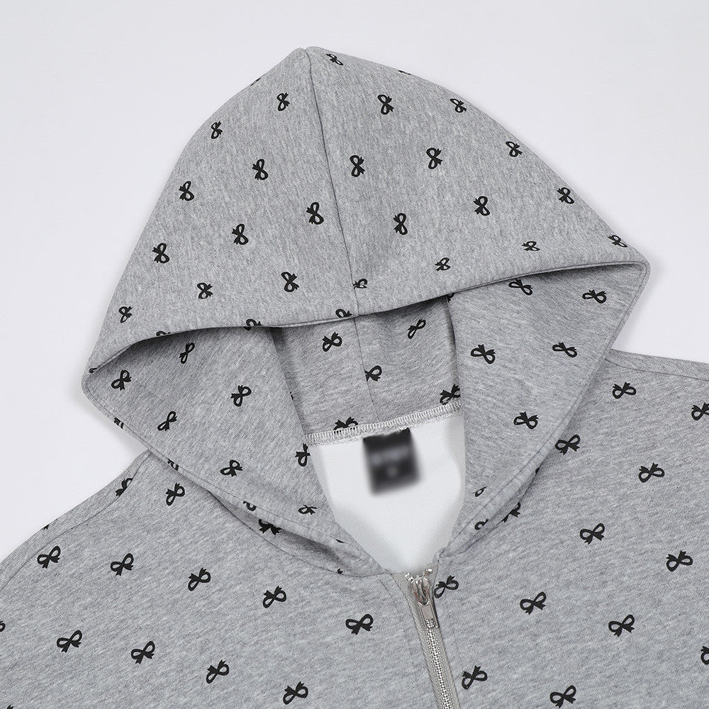 Full Printed Bow Zipper Sweater Design Sense High Street Trendy Men And Women