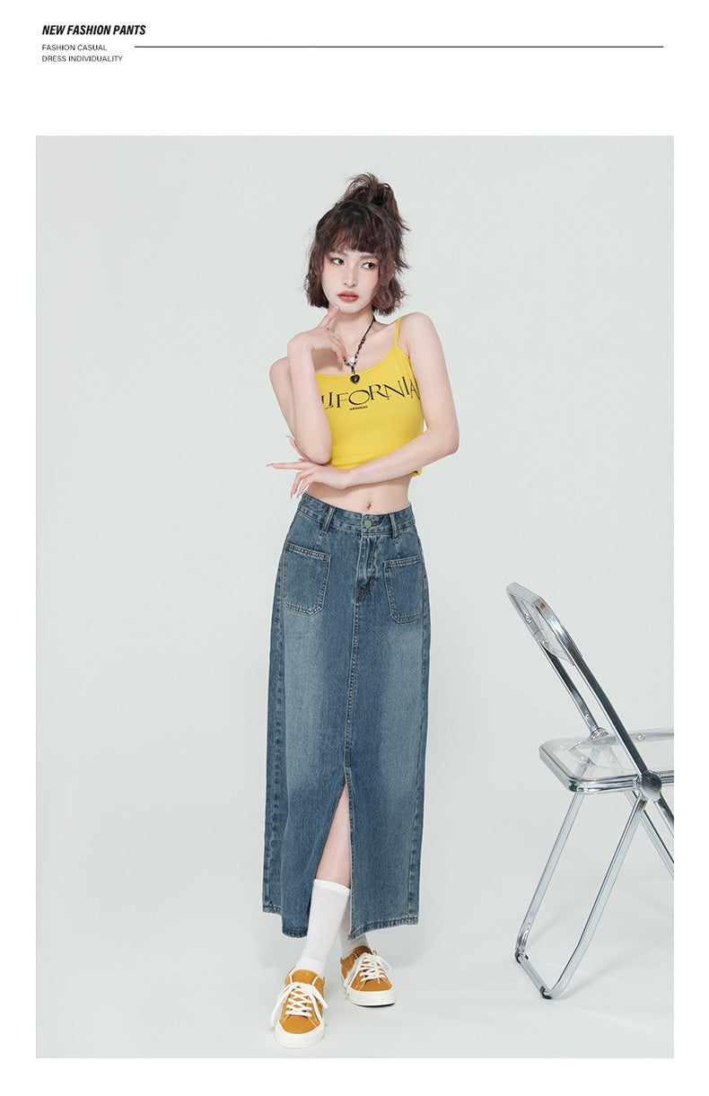 New High Waist Front Patch Pocket Denim Women's Bag Hip Skirt
