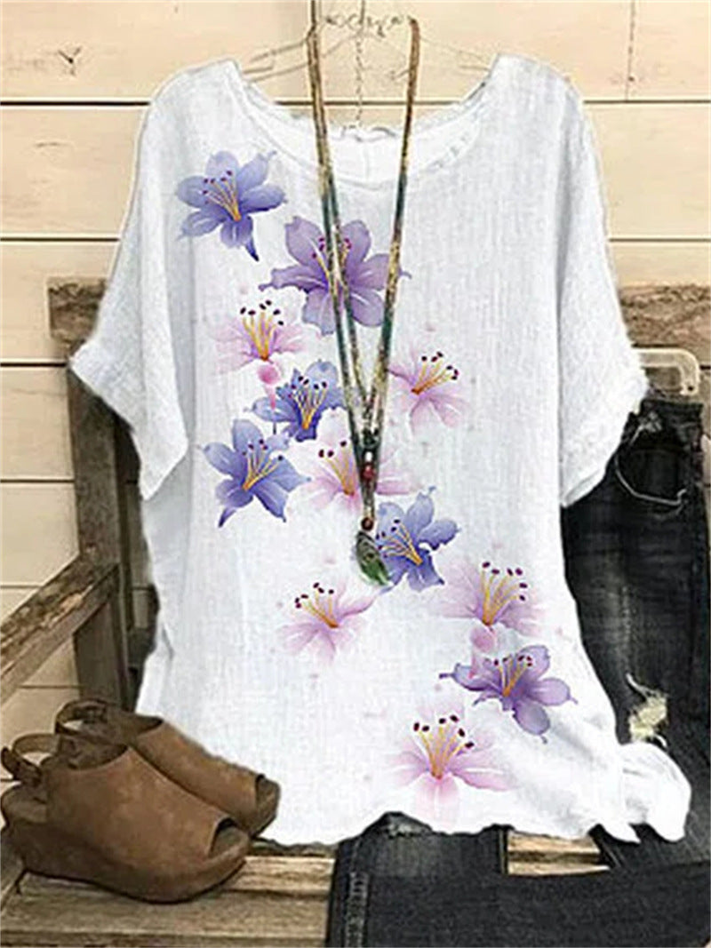 Pattern Printed Loose Short Sleeve Round Neck Shirt