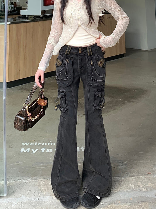Washed Old Multi-pocket Slightly Flared Jeans