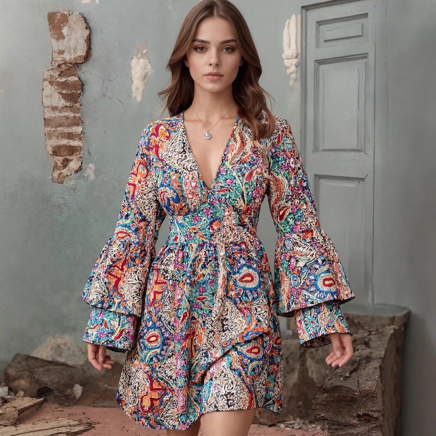 New Bohemian-style Fashion Casual Printed V-neck Womens Dress