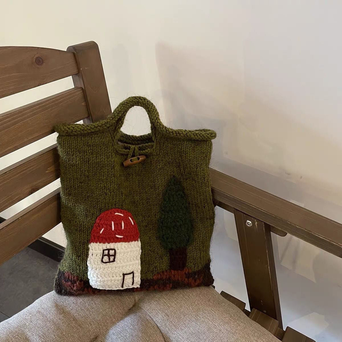 Mushroom House Handmade Wool Weave Vintage Cute Handbag Ladies