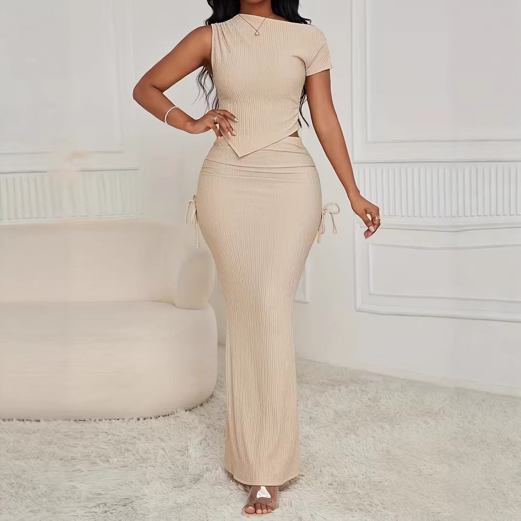 European And American-style Summer Slim-fit Fishtail Asymmetrical Top And Lace-up Maxi Skirt Set