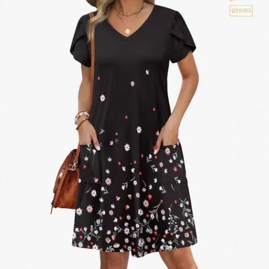 Comfortable Stylish Elegant Casual V-Neck Pocketed Short-Sleeve Dress
