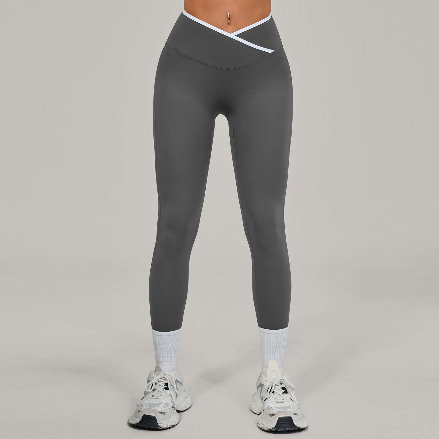 Bare-feel Tight Cross-over High-waist Contrast-color Leggings