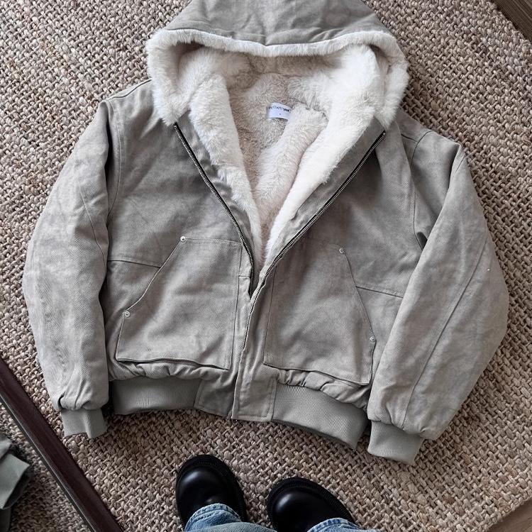 Artificial Mink Hair Marble Mountain Carving Hooded Cotton Jacket