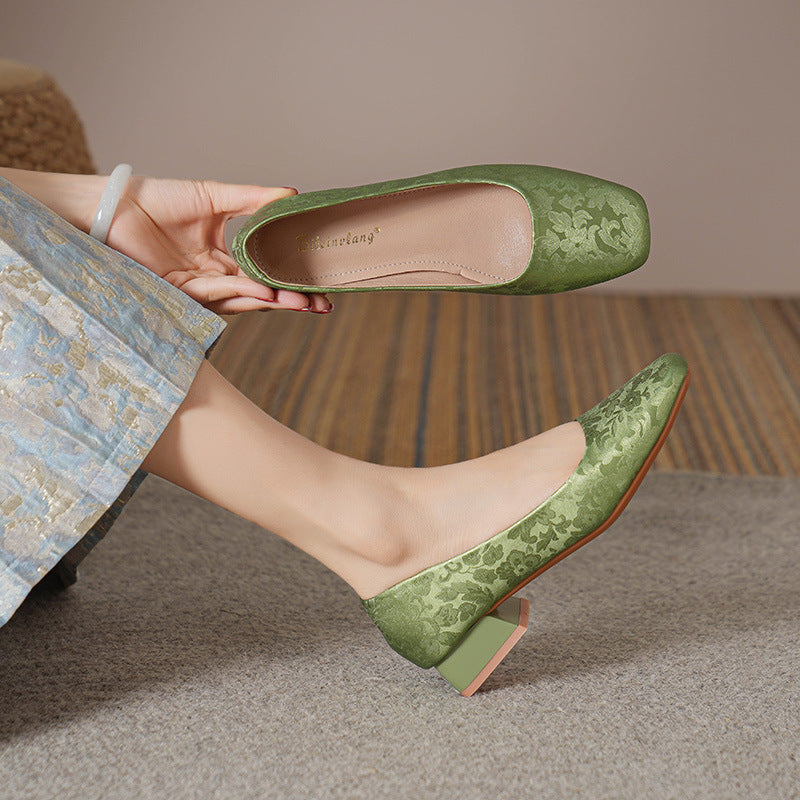 Retro Commuter Soft Leather Square Head Mid-high Heels
