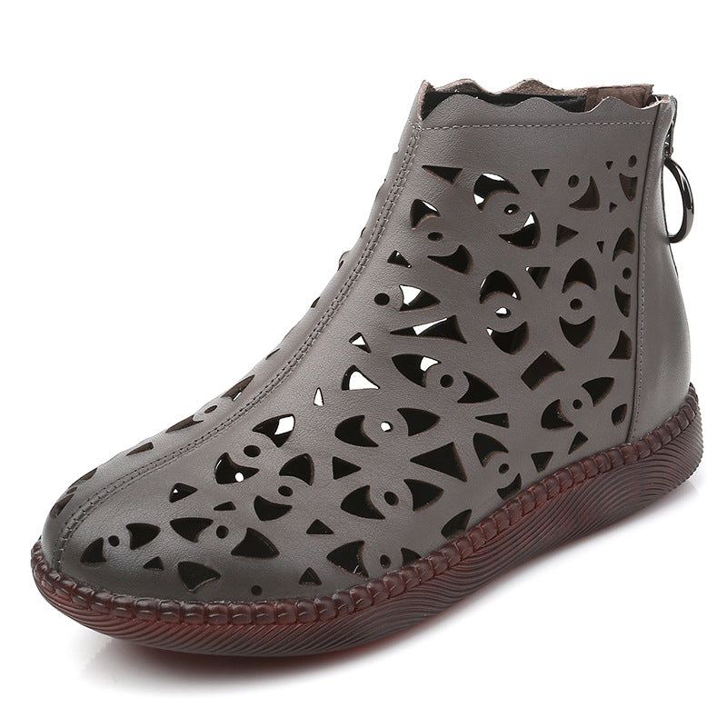 Middle-aged Cowhide Ethnic Style Round Toe Large Size Ankle Boots