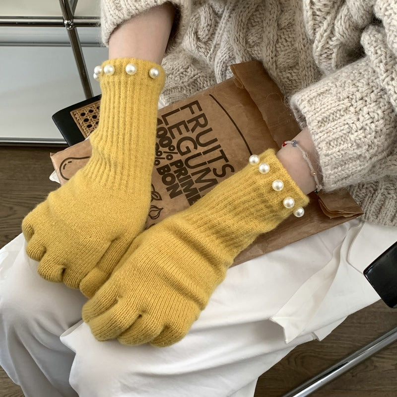 Solid Color Knitted Pearl Warm Knitted Gloves