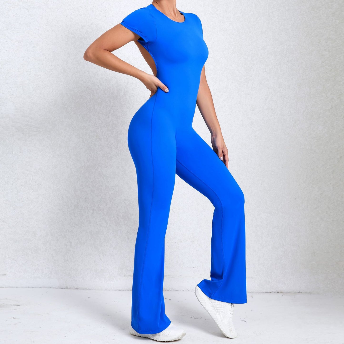 Bare Back Short Sleeve Nude Feel Yoga Outer Wear Fitness Sports Jumpsuit