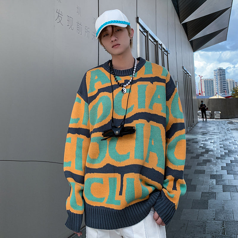 Hong Kong Style Men's Flower Loose Printed Sweater