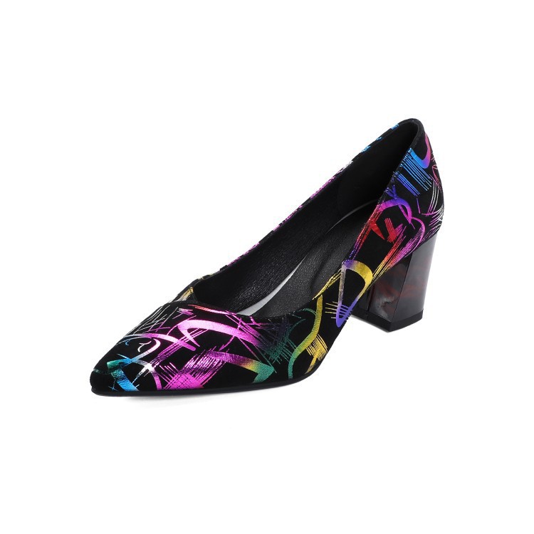 Fashion thick heel leather shallow pointed toe single shoes women